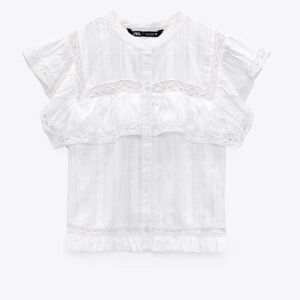 Zara White EMBROIDERED Ruffled Textured Top